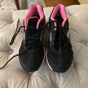 Reeboks, black with pink & silver trim